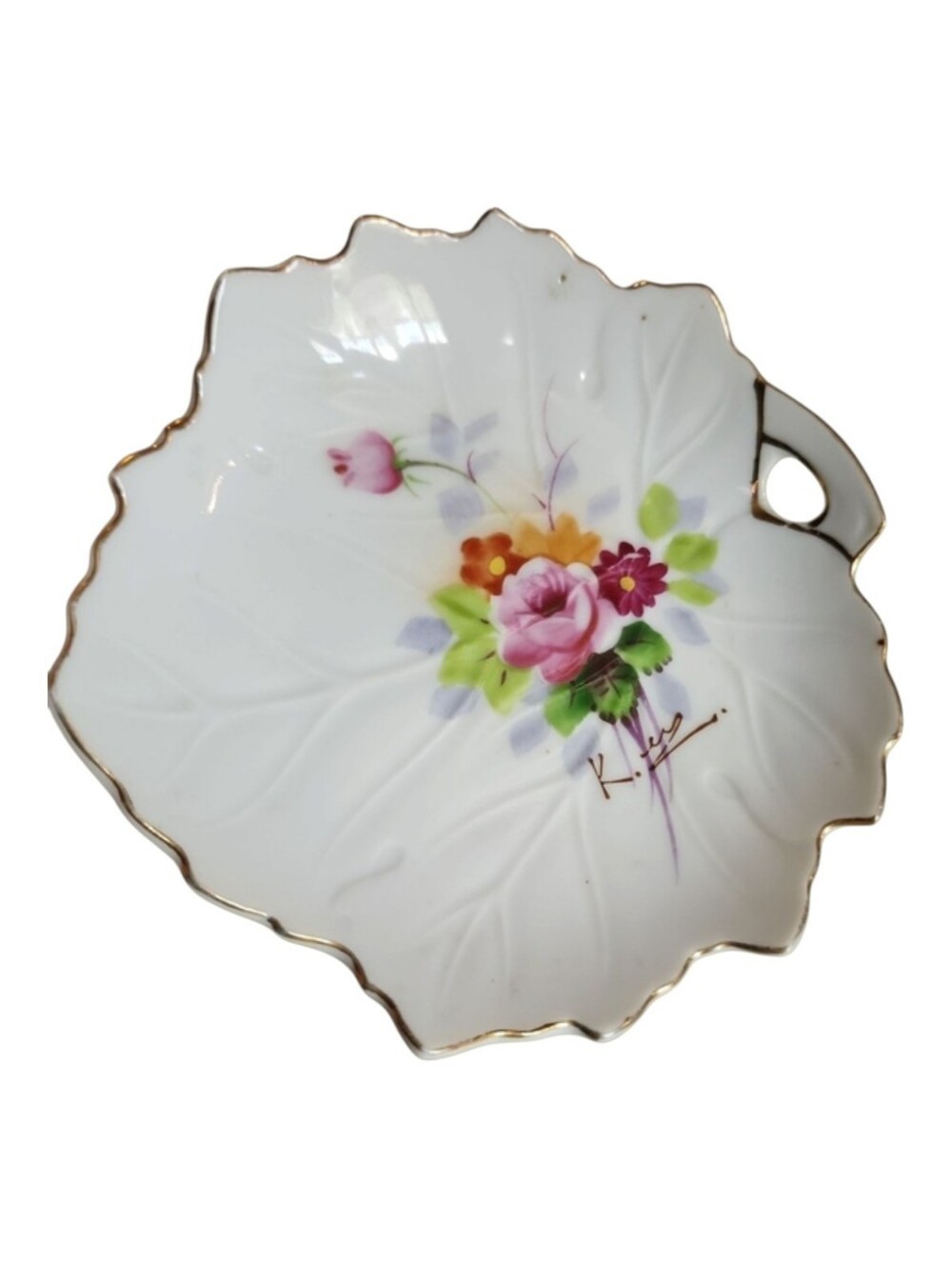 Floral Japanese Leaf-Shaped Artist Signed Dish with Gold Trim